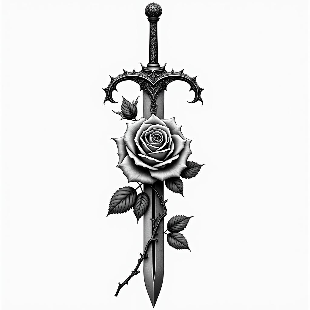Sword with a rose full of thornsin realism tattoo style, featuring a highly detailed, lifelike, capturing every detail, photorealistic, ultra realistic, intricate shading, smooth and sharp,   - Variation 4