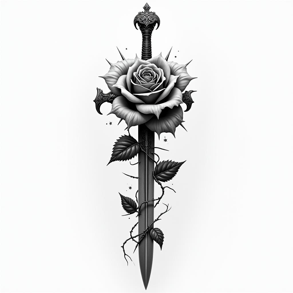 Sword with a rose full of thornsin realism tattoo style, featuring a highly detailed, lifelike, capturing every detail, photorealistic, ultra realistic, intricate shading, smooth and sharp,   - Variation 2