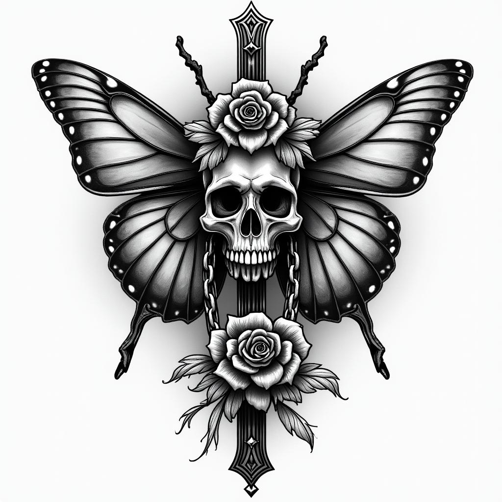 Name SARA with honeybee backgroundin chicano style tattoo, featuring intricate black and grey shading, bold elements of traditional chicano culture symbols, add a big cross with skull, chains and roses - Variation 2
