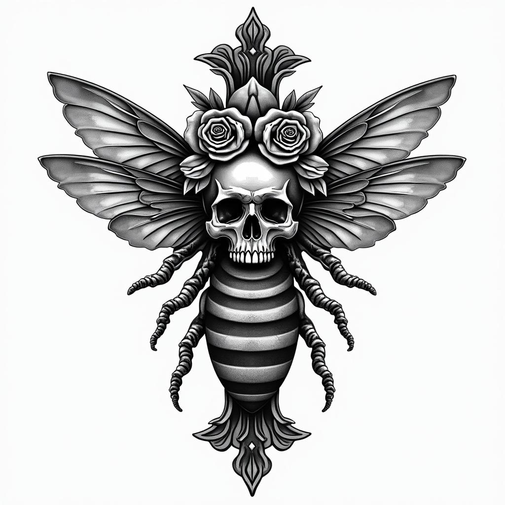 Name SARA with honeybee backgroundin chicano style tattoo, featuring intricate black and grey shading, bold elements of traditional chicano culture symbols, add a big cross with skull, chains and roses - Variation 4