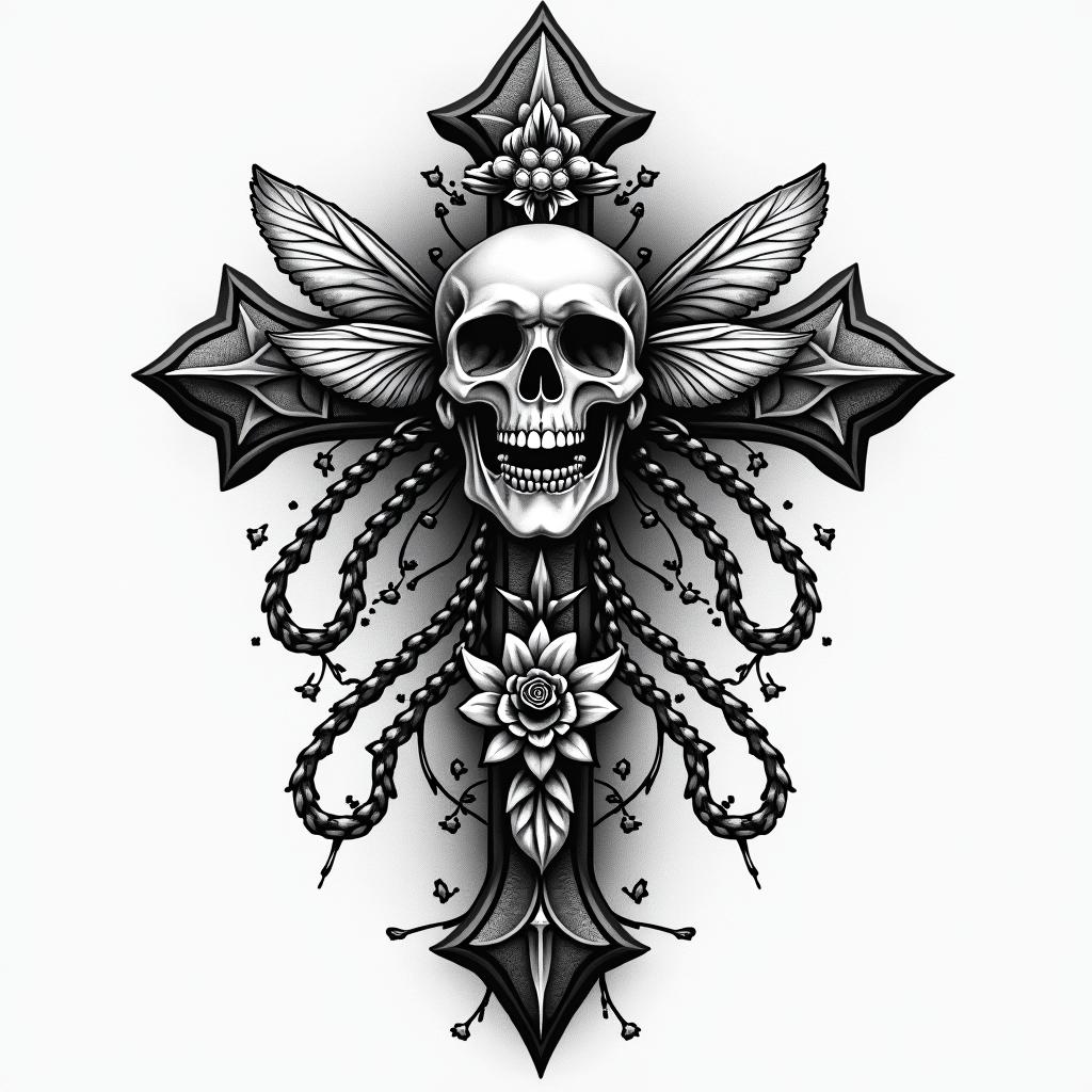 Name SARA with honeybee backgroundin chicano style tattoo, featuring intricate black and grey shading, bold elements of traditional chicano culture symbols, add a big cross with skull, chains and roses - Variation 3