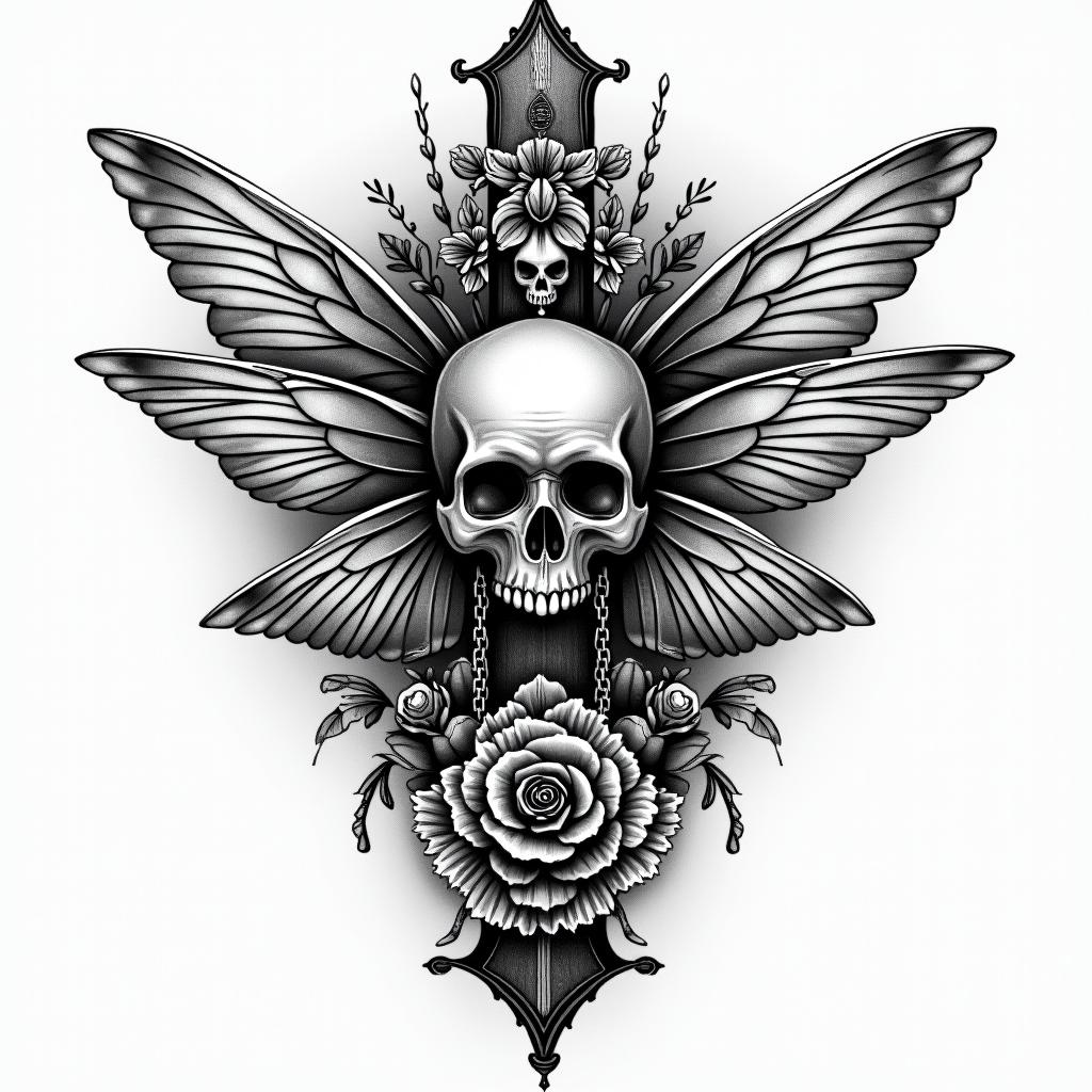 Name SARA with honeybee backgroundin chicano style tattoo, featuring intricate black and grey shading, bold elements of traditional chicano culture symbols, add a big cross with skull, chains and roses