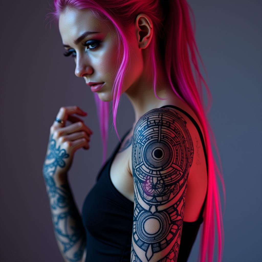 Futuristic cyberpunk girl with neon accentsin spiritual symbols tattoo style, featuring an intricate design incorporating elements, Hamsa hand, third eye, minimalist composition - Variation 2