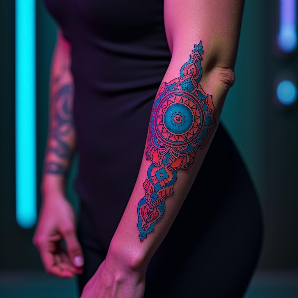 Futuristic cyberpunk girl with neon accentsin spiritual symbols tattoo style, featuring an intricate design incorporating elements, Hamsa hand, third eye, minimalist composition - Variation 1
