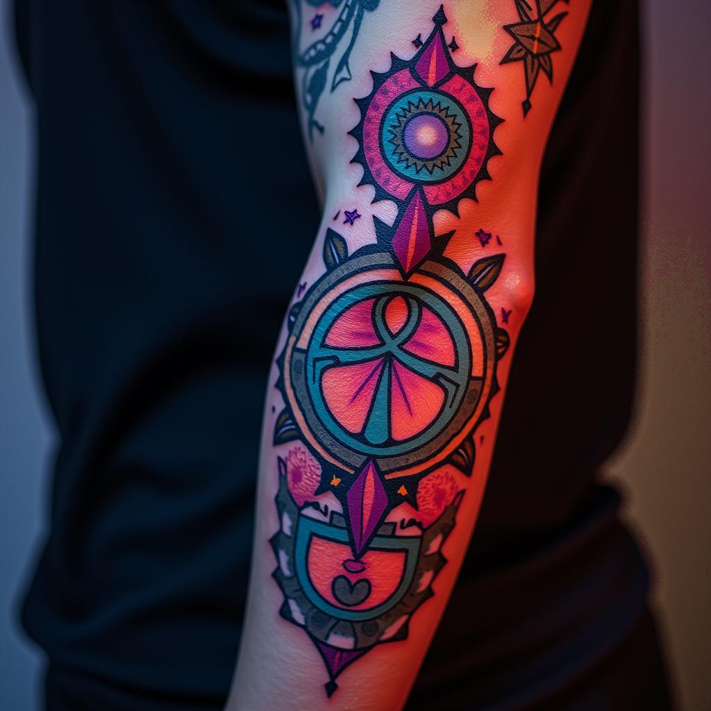 Futuristic cyberpunk girl with neon accentsin spiritual symbols tattoo style, featuring an intricate design incorporating elements, Hamsa hand, third eye, minimalist composition - Variation 3