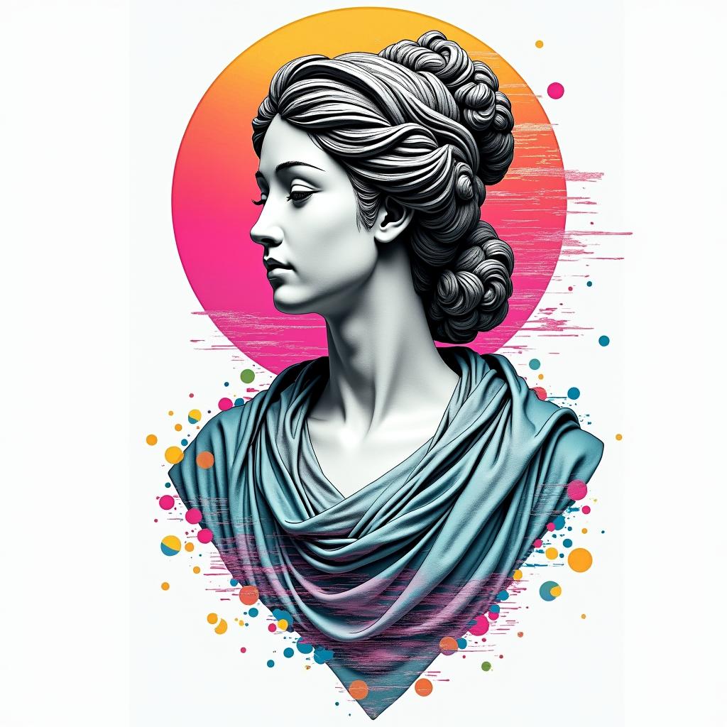 Goddess of the Japanese moonin distorted and fragmented tattoo design, featuring a classical statue bust, in a glitch art style with vibrant, overlapping colors of cyan, magenta, and yellow, creating a digital distortion effect - Variation 3