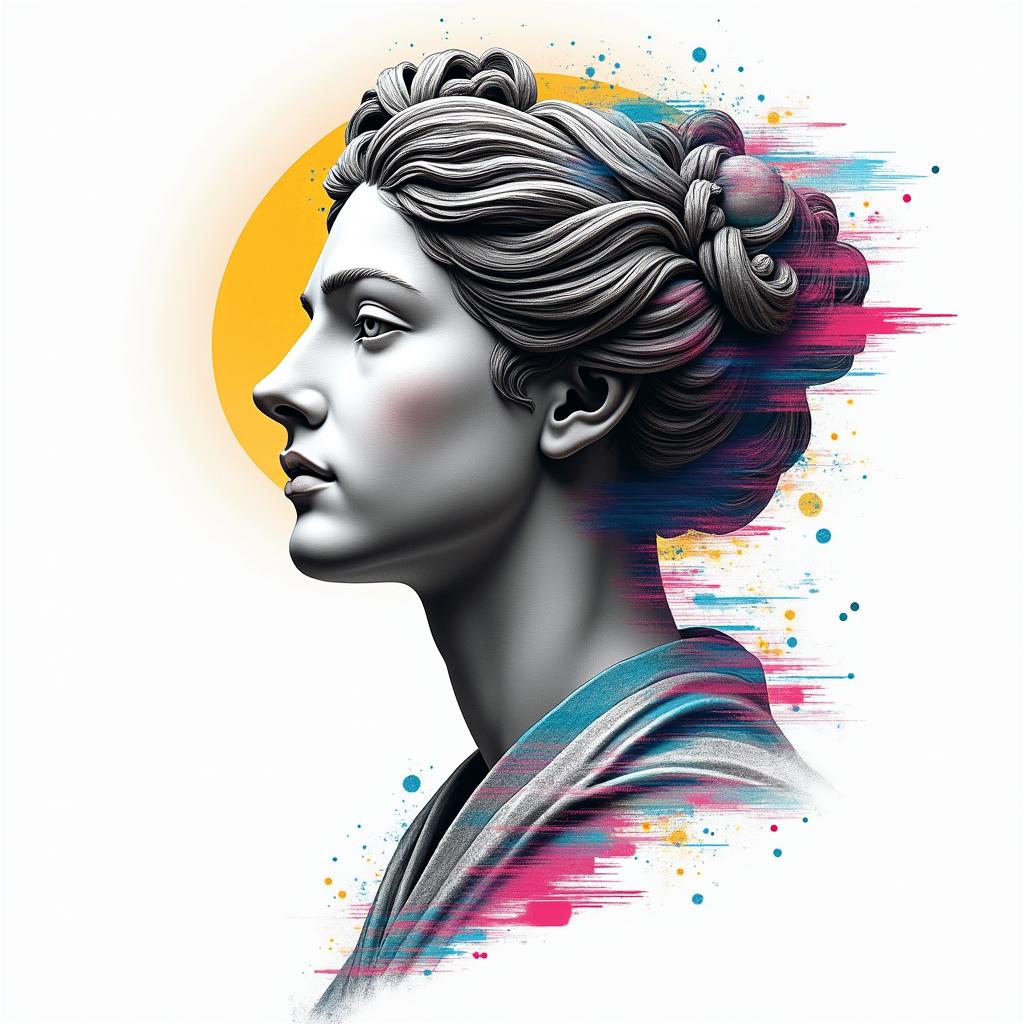 Goddess of the Japanese moonin distorted and fragmented tattoo design, featuring a classical statue bust, in a glitch art style with vibrant, overlapping colors of cyan, magenta, and yellow, creating a digital distortion effect - Variation 4