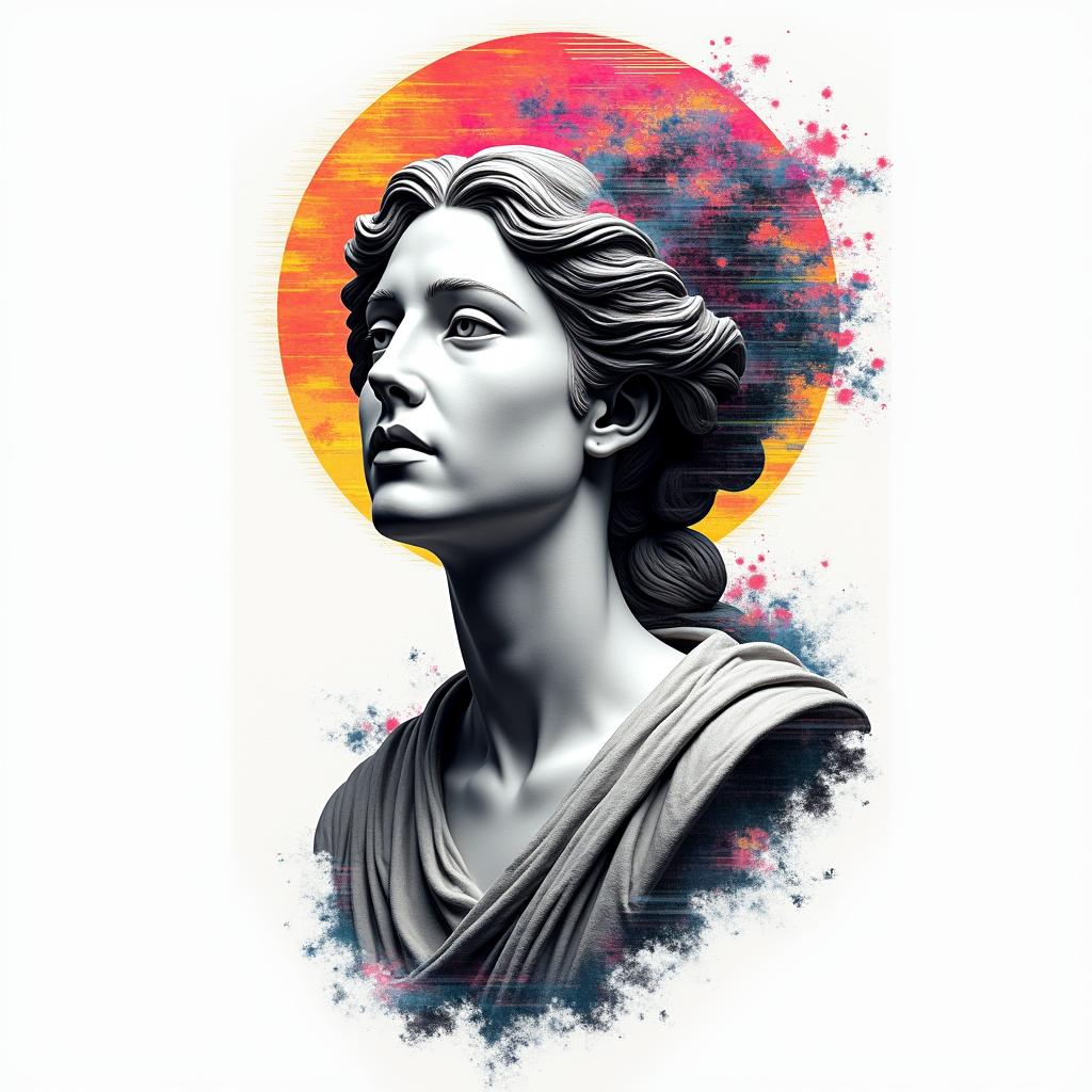 Goddess of the Japanese moonin distorted and fragmented tattoo design, featuring a classical statue bust, in a glitch art style with vibrant, overlapping colors of cyan, magenta, and yellow, creating a digital distortion effect