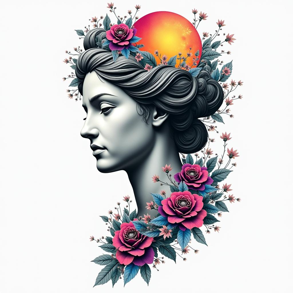 Goddess of the Japanese moonin distorted and fragmented tattoo design, featuring a classical statue bust, in a glitch art style with vibrant, overlapping colors of cyan, magenta, and yellow, creating a digital distortion effect - Variation 2