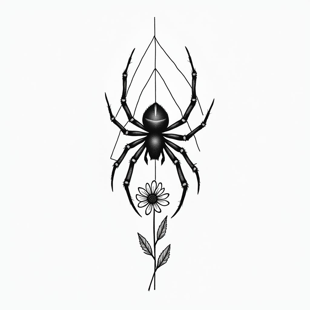 Small spider on web with flowers with stemin minimalist style tattoo, featuring simple shapes and fine lines, with minimal shading and details, tiny triangles, creating a sense of balance and harmony - Variation 10