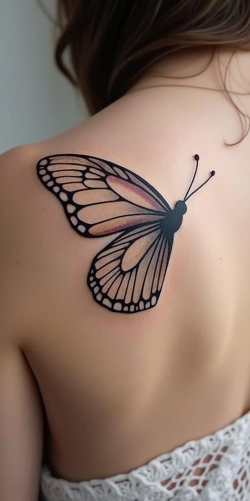 Wildflowers as wings on your back in the shape of butterfly wings on your shoulder bladein minimalist style tattoo, featuring simple shapes and fine lines, with minimal shading and details, tiny triangles, creating a sense of balance and harmony - Variation 1