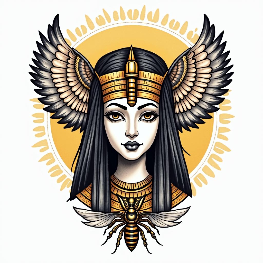 Name SARA with honeybee backgroundin egyptian style tattoo, bold elements of ancient egyptian culture including a portrait of an Egyptian pharaoh with detailed facial features, in hieroglyphs and symbolic imagery, eye of horus, ankh symbol, scarab beetle - Variation 4