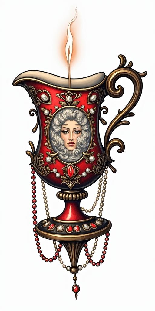 Teacup from the Victorian Renaissance era, heavily draped and adorned in pearls and chains with inlays of jewels and precious gemstones.in pop art style tattoo, featuring bold and vibrant colors, exaggerated outlines, iconic imagery, inspired by comic books and speech bubbles, comic book characters, retro pop culture - Variation 11
