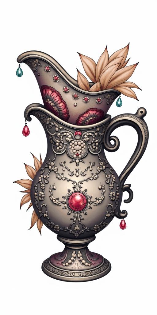 Teacup from the Victorian Renaissance era, heavily draped and adorned in pearls and chains with inlays of jewels and precious gemstones.in pop art style tattoo, featuring bold and vibrant colors, exaggerated outlines, iconic imagery, inspired by comic books and speech bubbles, comic book characters, retro pop culture - Variation 10