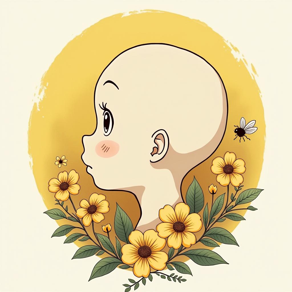 Name SARA with honeybee backgroundGhibli, Studio Ghibli aesthetic, hand-drawn anime style, retro nostalgic atmosphere, retro soft pastel color palette with earthy tones, retro Japanese cinematic shot, yellow tint effect, bald character, smooth surface, anime shadow 90's anime style - Variation 4