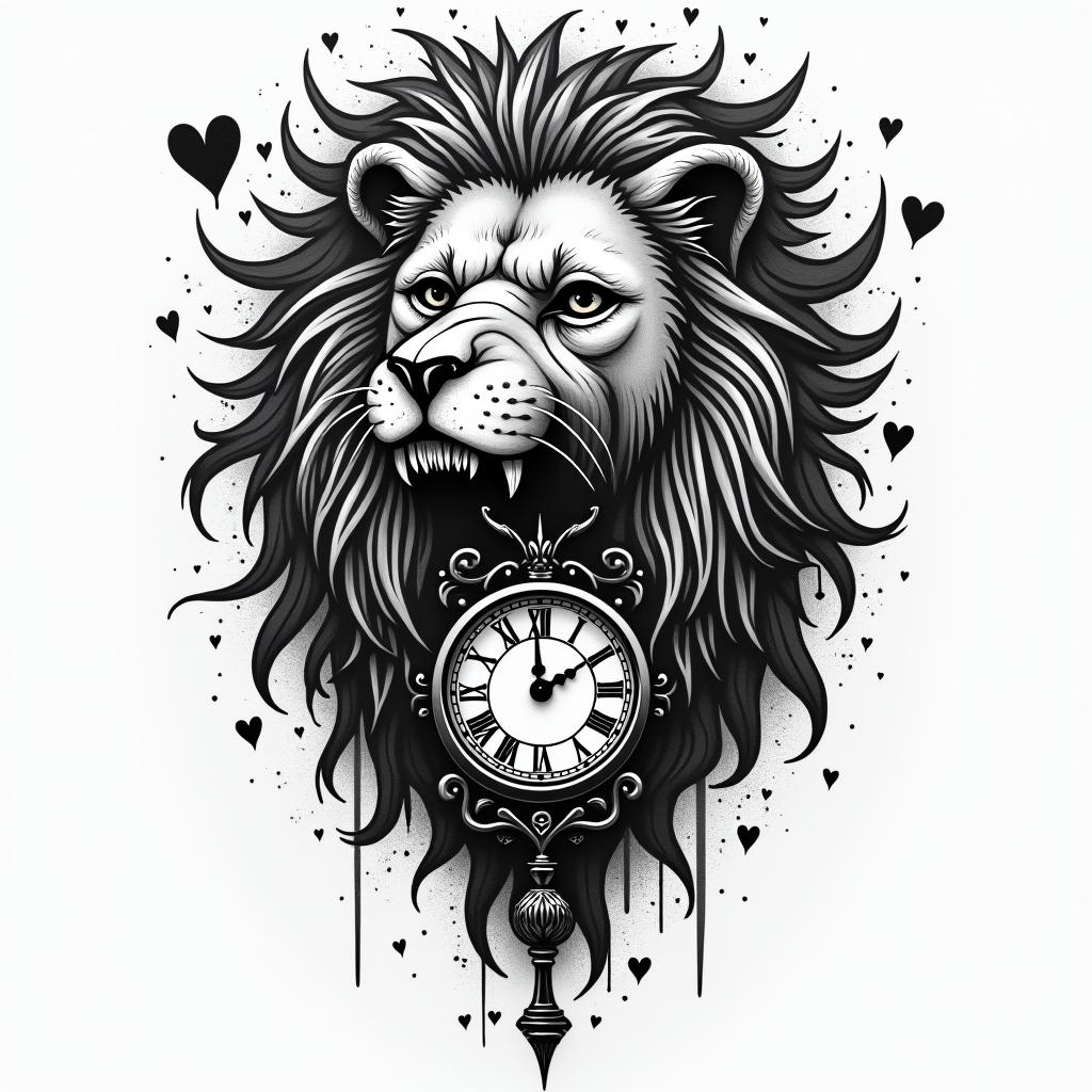 Lion with an old clockin graffiti style tattoo, featuring bold and dynamic street art elements, spray-paint texture with exaggerated lines and expressive, chaotic brushstrokes, intricate lettering incorporated with graffiti tags, symbols like hearts, stars, and wings - Variation 2