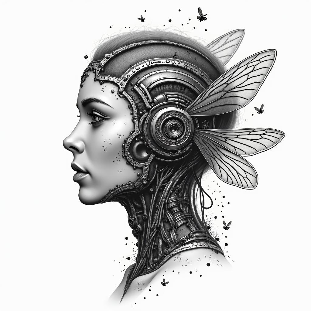 Name SARA with honeybee backgroundtattoo in biomechanic style, the tattoo covered by robotic elements of futuristic cyberpunk design, robotic features detail, showcasing intricate mechanical components - Variation 4