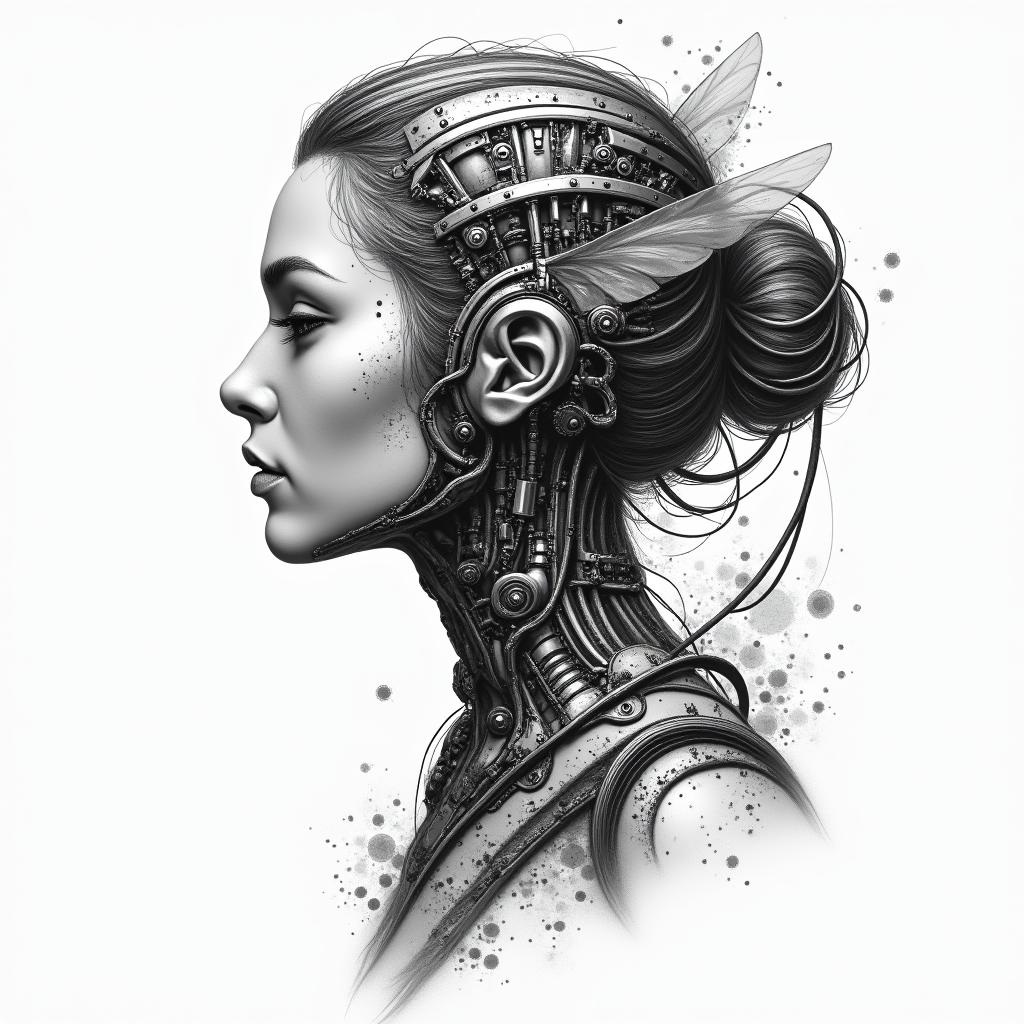 Name SARA with honeybee backgroundtattoo in biomechanic style, the tattoo covered by robotic elements of futuristic cyberpunk design, robotic features detail, showcasing intricate mechanical components - Variation 2