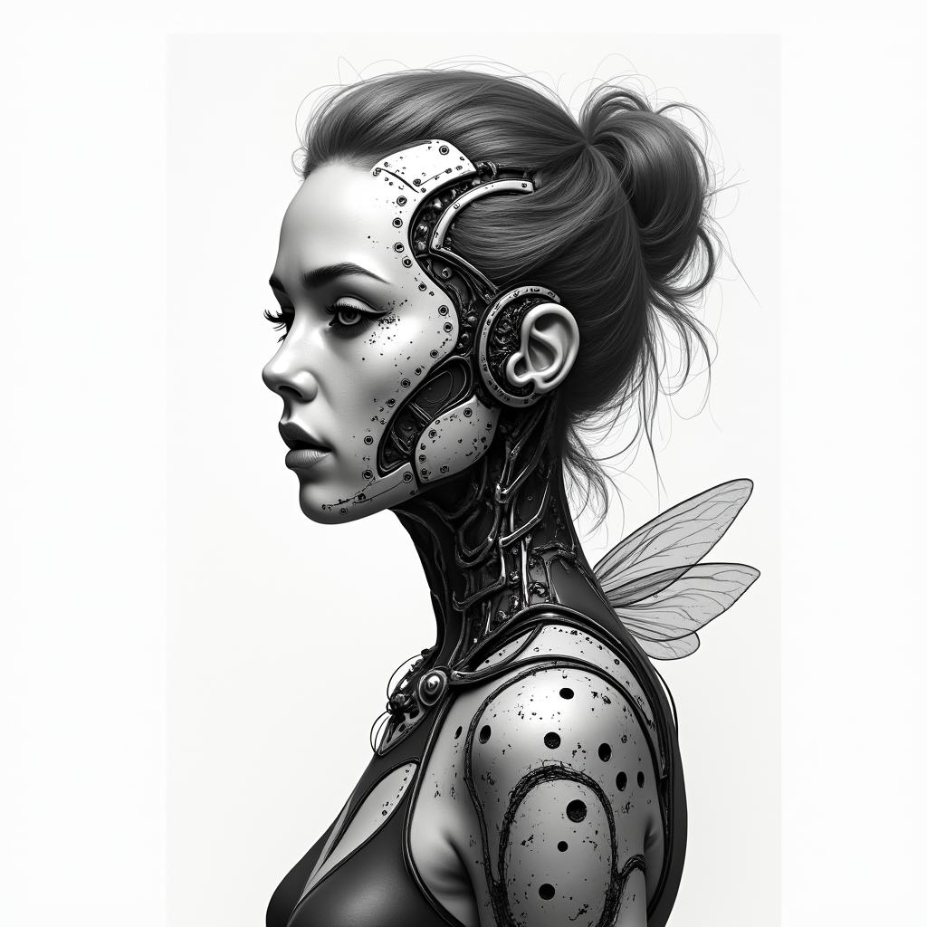 Name SARA with honeybee backgroundtattoo in biomechanic style, the tattoo covered by robotic elements of futuristic cyberpunk design, robotic features detail, showcasing intricate mechanical components - Variation 3