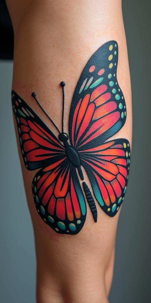 Butterfly with intricate wing patternsin pop art style tattoo, featuring bold and vibrant colors, exaggerated outlines, iconic imagery, inspired by comic books and speech bubbles, comic book characters, retro pop culture - Variation 3