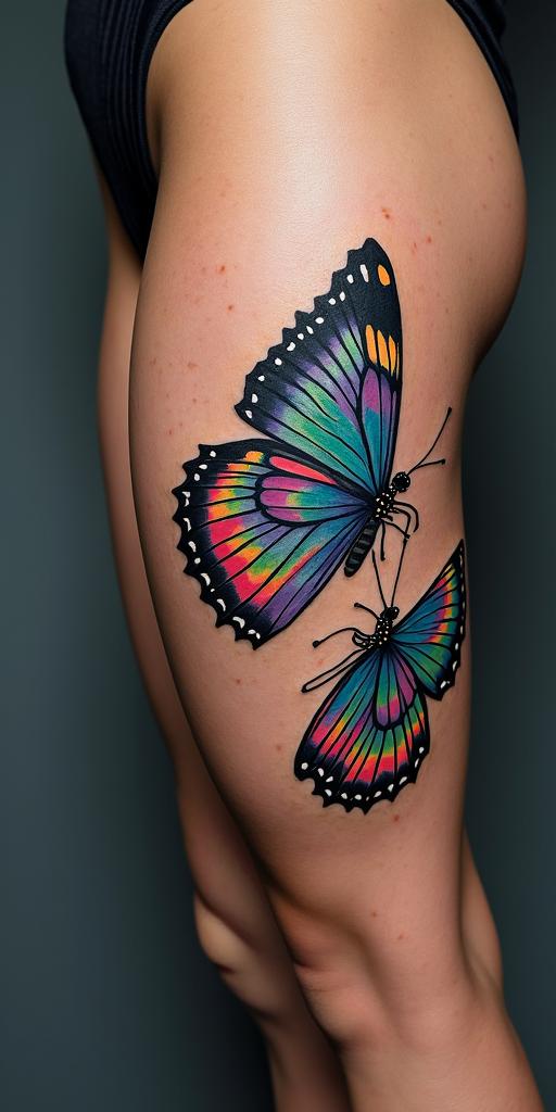 Butterfly with intricate wing patternsin pop art style tattoo, featuring bold and vibrant colors, exaggerated outlines, iconic imagery, inspired by comic books and speech bubbles, comic book characters, retro pop culture