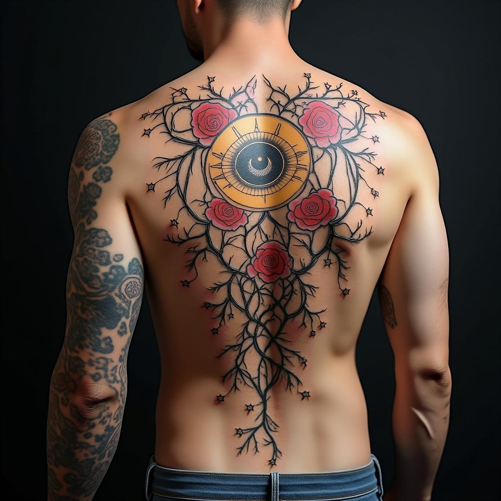 Twisted rose vinesin prophecy tattoo style, featuring mystical symbols, celestial imagery like stars, moons, suns, geometric patterns, foretelling elements, an eye of wisdom - Variation 2