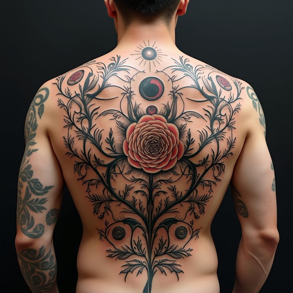 Twisted rose vinesin prophecy tattoo style, featuring mystical symbols, celestial imagery like stars, moons, suns, geometric patterns, foretelling elements, an eye of wisdom - Variation 4