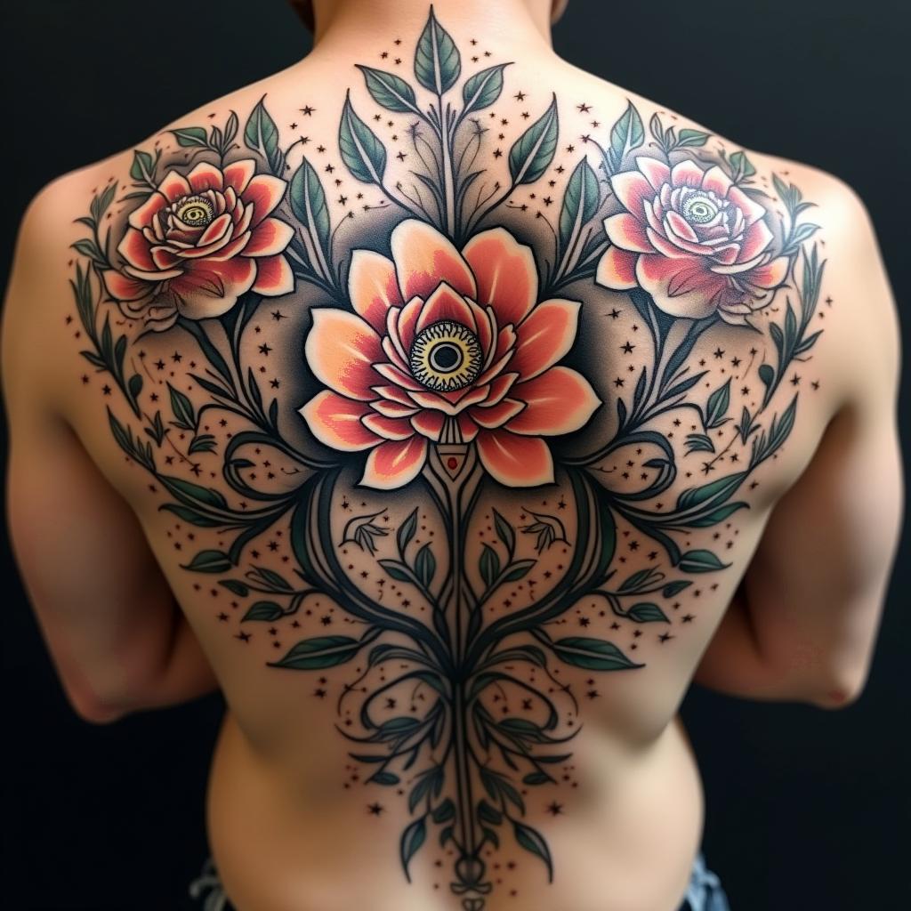 Twisted rose vinesin prophecy tattoo style, featuring mystical symbols, celestial imagery like stars, moons, suns, geometric patterns, foretelling elements, an eye of wisdom