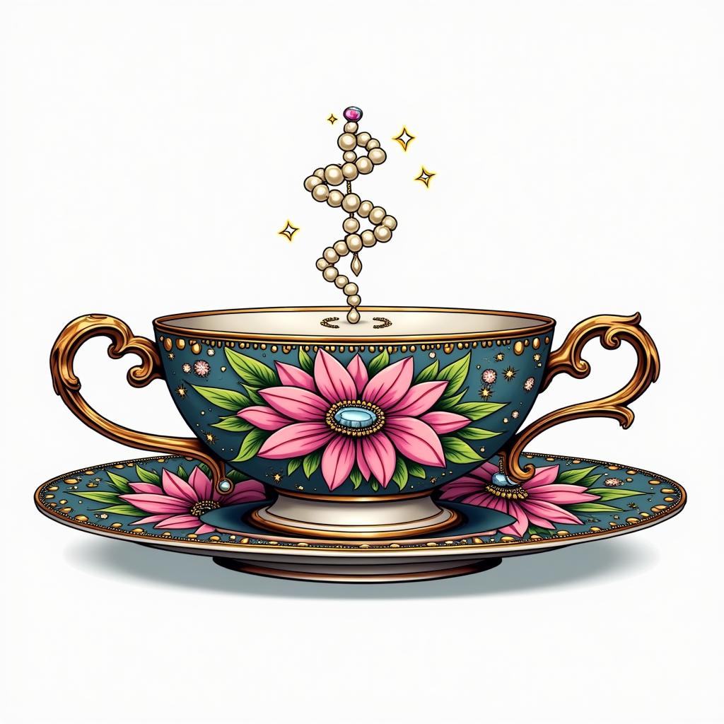 Teacup from the Victorian Renaissance era, heavily draped and adorned in pearls and chains with inlays of jewels and precious gemstones.in pop art style tattoo, featuring bold and vibrant colors, exaggerated outlines, iconic imagery, inspired by comic books and speech bubbles, comic book characters, retro pop culture - Variation 6
