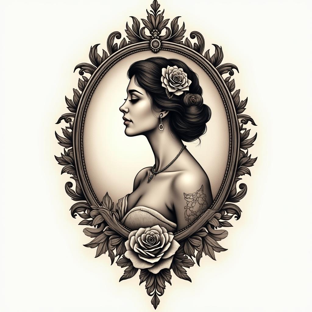 Librain victorian style tattoo, featuring vintage and elegant elements, ornate frames, roses, antique, sepia-toned color scheme - Variation 9