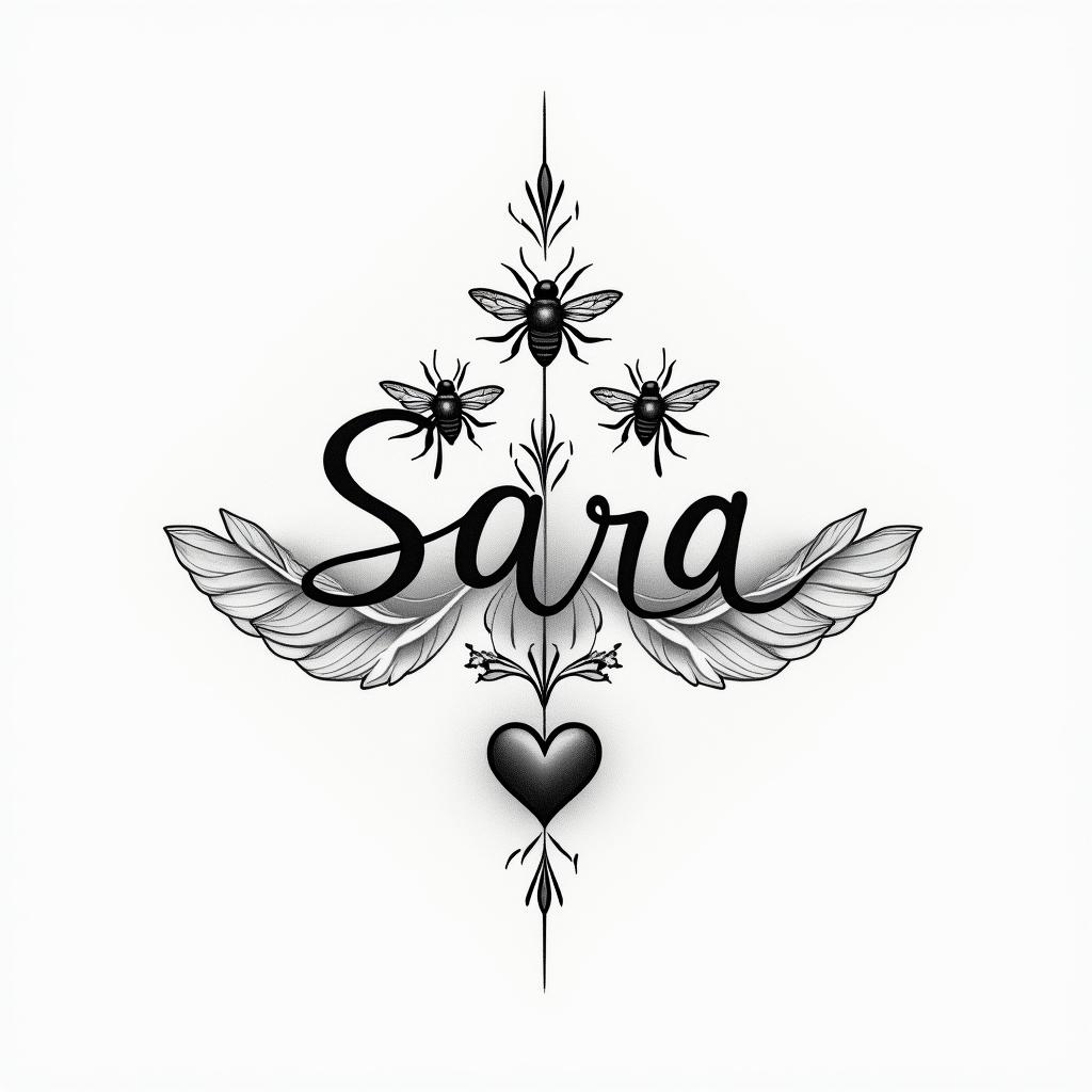 Name SARA with honeybee backgroundin Modest style tattoo, featuring soft, delicate line work with simple and meaningful symbols, gentle waves, a heart, evoking a sense of serenity and grace,