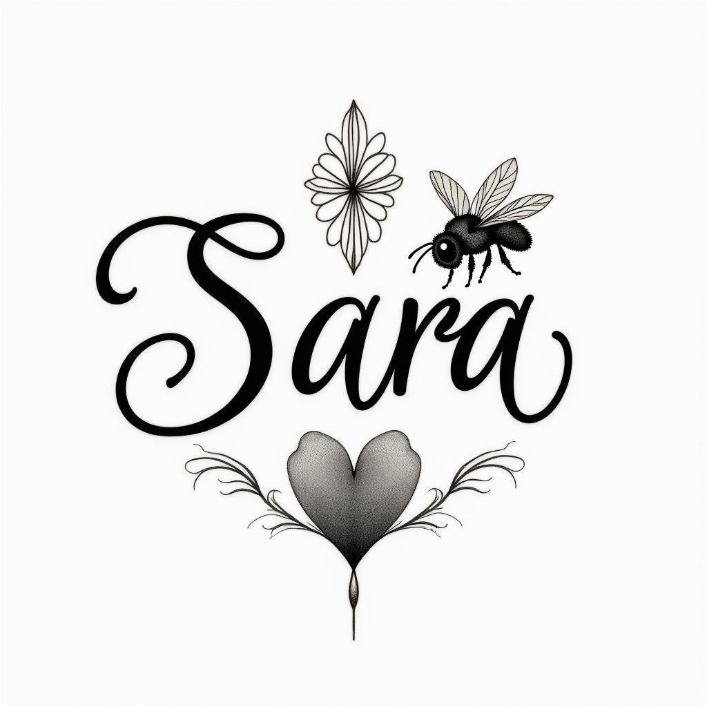 Name SARA with honeybee backgroundin Modest style tattoo, featuring soft, delicate line work with simple and meaningful symbols, gentle waves, a heart, evoking a sense of serenity and grace, - Variation 3