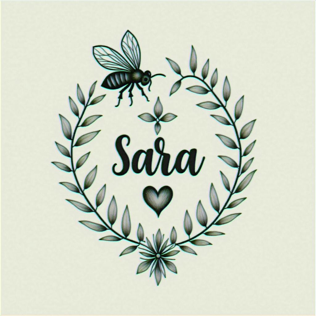 Name SARA with honeybee backgroundin Modest style tattoo, featuring soft, delicate line work with simple and meaningful symbols, gentle waves, a heart, evoking a sense of serenity and grace, - Variation 4