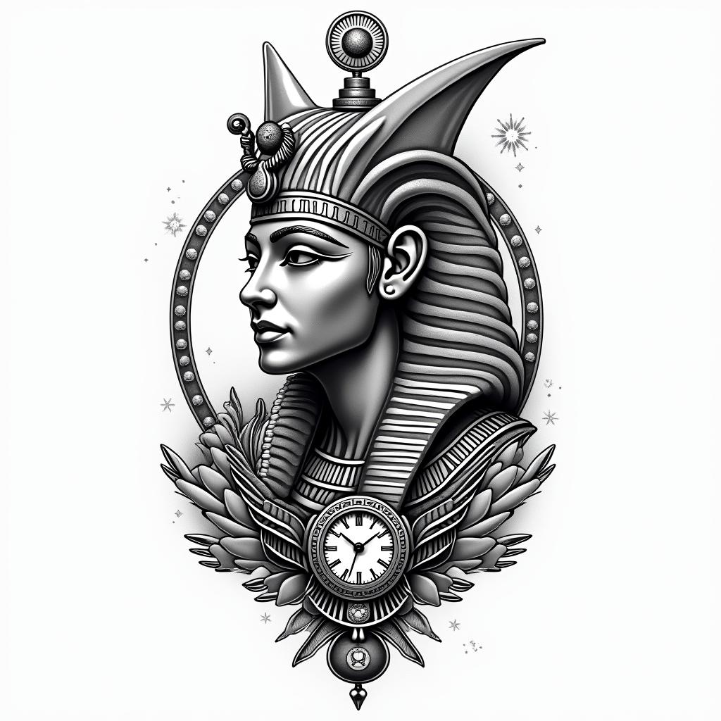 Constellation of Leo, hourglass and timein egyptian style tattoo, bold elements of ancient egyptian culture including a portrait of an Egyptian pharaoh with detailed facial features, in hieroglyphs and symbolic imagery, eye of horus, ankh symbol, scarab beetle - Variation 3