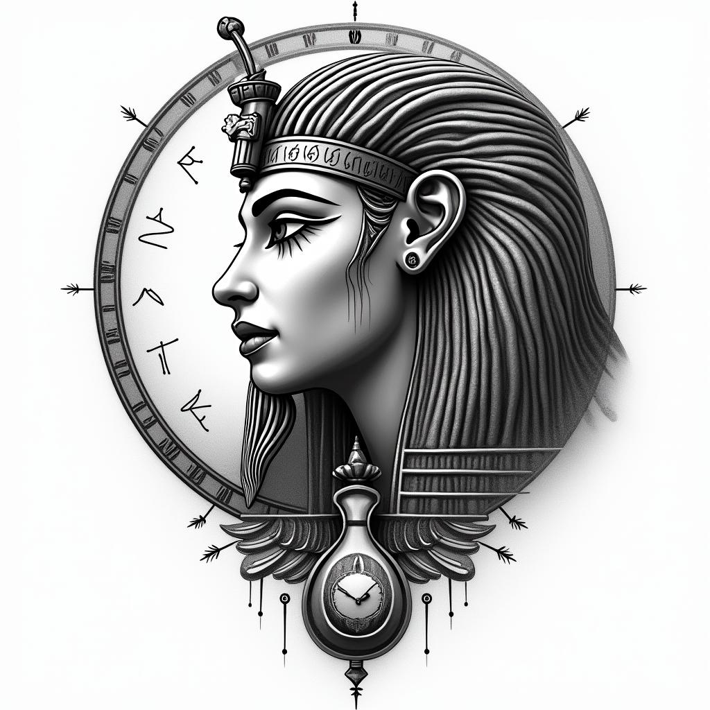Constellation of Leo, hourglass and timein egyptian style tattoo, bold elements of ancient egyptian culture including a portrait of an Egyptian pharaoh with detailed facial features, in hieroglyphs and symbolic imagery, eye of horus, ankh symbol, scarab beetle - Variation 2
