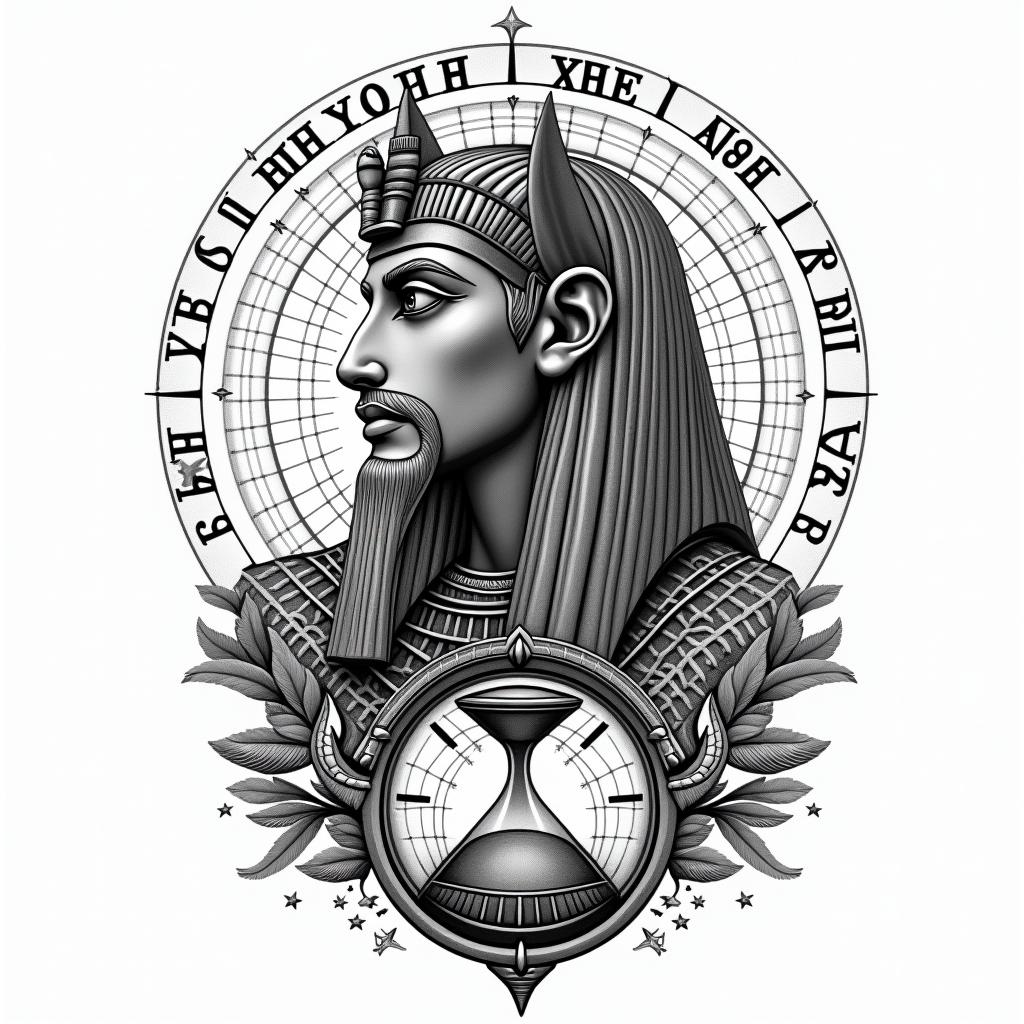 Constellation of Leo, hourglass and timein egyptian style tattoo, bold elements of ancient egyptian culture including a portrait of an Egyptian pharaoh with detailed facial features, in hieroglyphs and symbolic imagery, eye of horus, ankh symbol, scarab beetle - Variation 4
