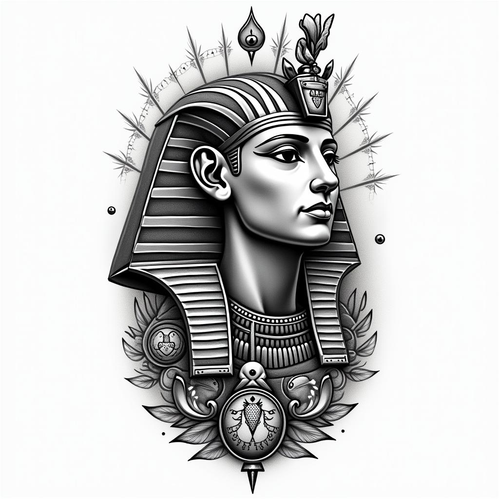 Constellation of Leo, hourglass and timein egyptian style tattoo, bold elements of ancient egyptian culture including a portrait of an Egyptian pharaoh with detailed facial features, in hieroglyphs and symbolic imagery, eye of horus, ankh symbol, scarab beetle