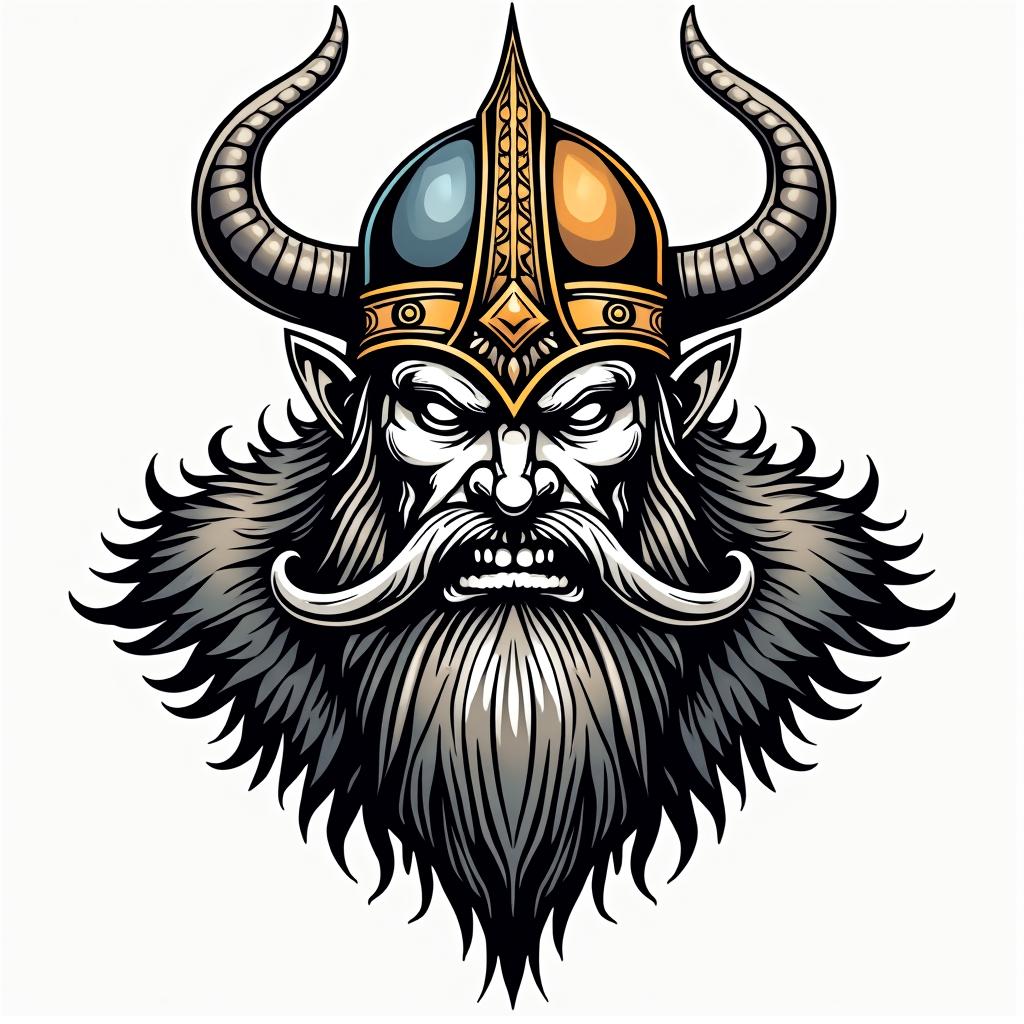 Fierce Viking with intricate helmet designin pop art style tattoo, featuring bold and vibrant colors, exaggerated outlines, iconic imagery, inspired by comic books and speech bubbles, comic book characters, retro pop culture - Variation 3
