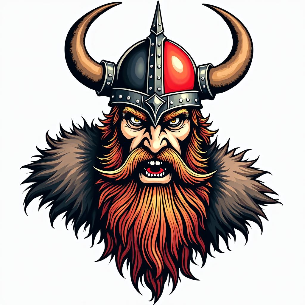 Fierce Viking with intricate helmet designin pop art style tattoo, featuring bold and vibrant colors, exaggerated outlines, iconic imagery, inspired by comic books and speech bubbles, comic book characters, retro pop culture - Variation 5