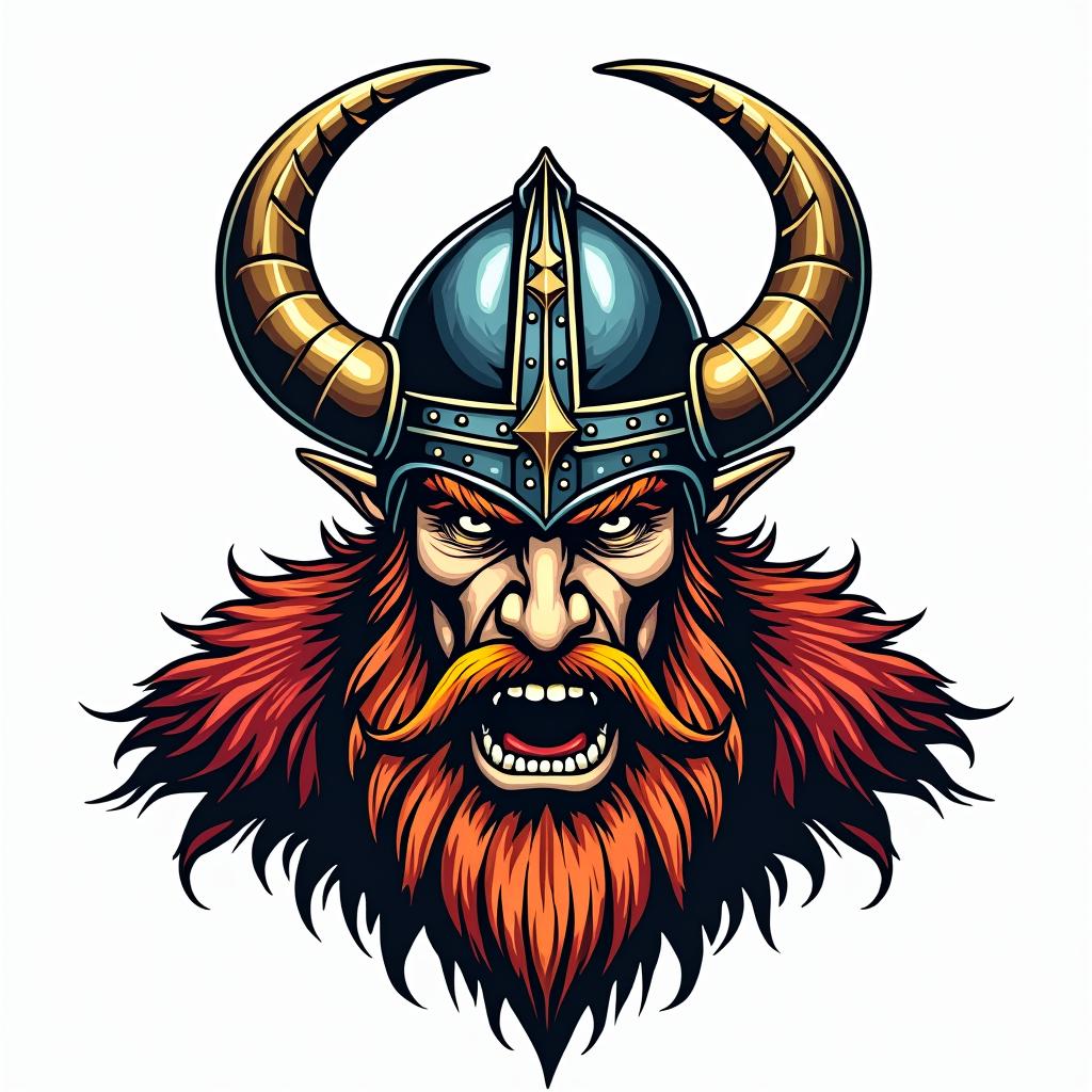 Fierce Viking with intricate helmet designin pop art style tattoo, featuring bold and vibrant colors, exaggerated outlines, iconic imagery, inspired by comic books and speech bubbles, comic book characters, retro pop culture - Variation 2
