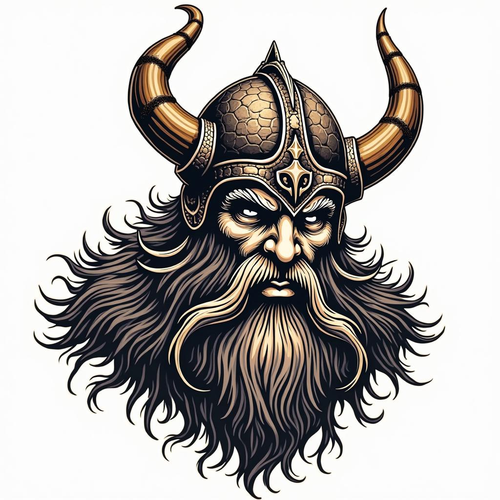 Fierce Viking with intricate helmet designin pop art style tattoo, featuring bold and vibrant colors, exaggerated outlines, iconic imagery, inspired by comic books and speech bubbles, comic book characters, retro pop culture - Variation 4