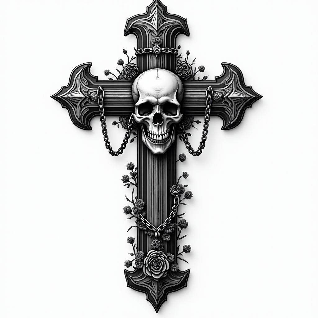 A large Christian cross surrounded by beautiful patterns.in chicano style tattoo, featuring intricate black and grey shading, bold elements of traditional chicano culture symbols, add a big cross with skull, chains and roses