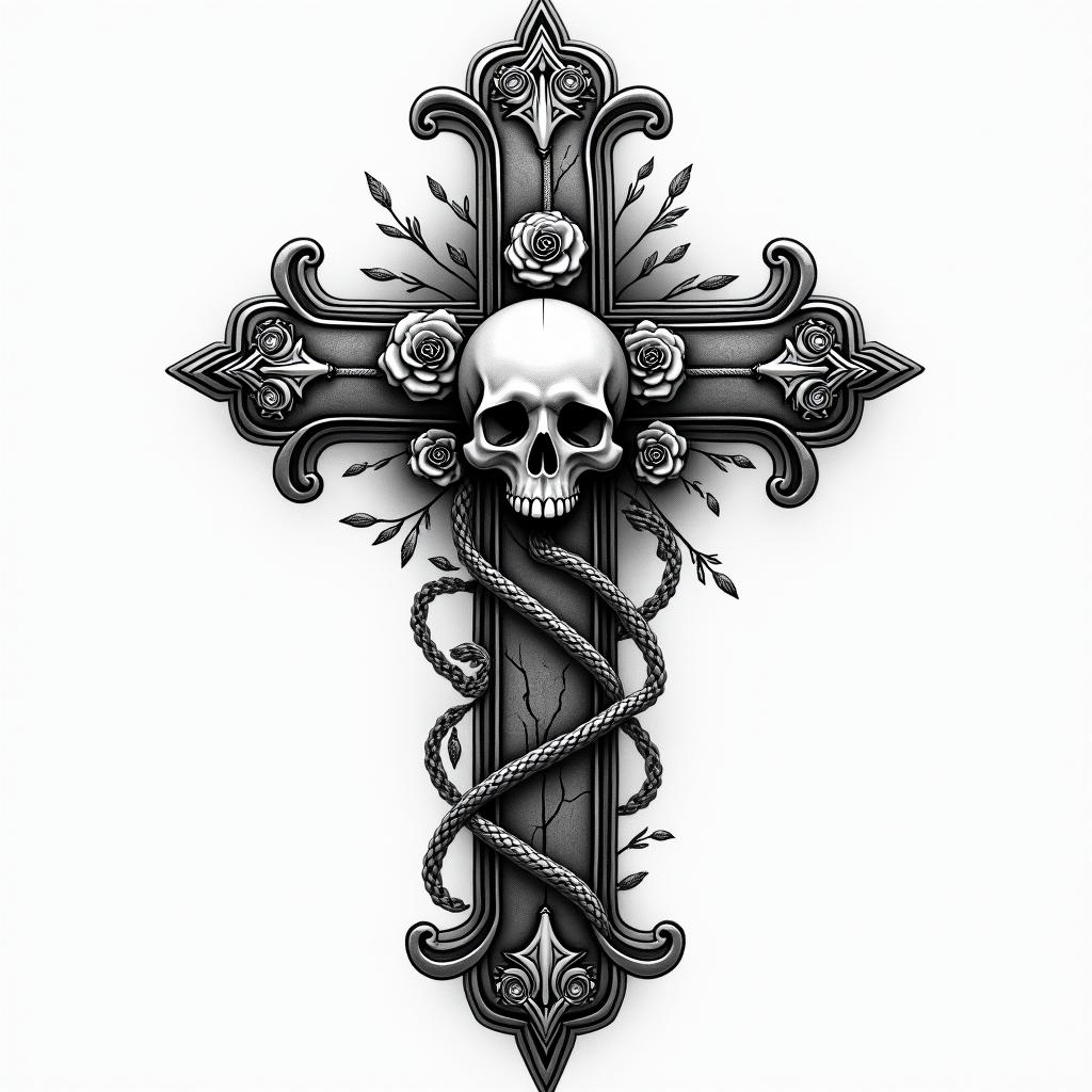 A large Christian cross surrounded by beautiful patterns.in chicano style tattoo, featuring intricate black and grey shading, bold elements of traditional chicano culture symbols, add a big cross with skull, chains and roses - Variation 4