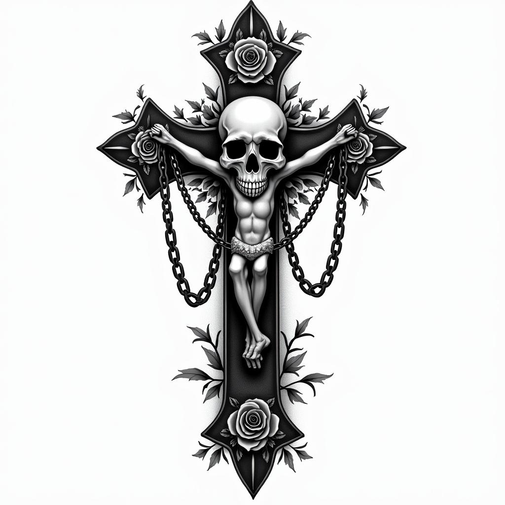 A large Christian cross surrounded by beautiful patterns.in chicano style tattoo, featuring intricate black and grey shading, bold elements of traditional chicano culture symbols, add a big cross with skull, chains and roses - Variation 2