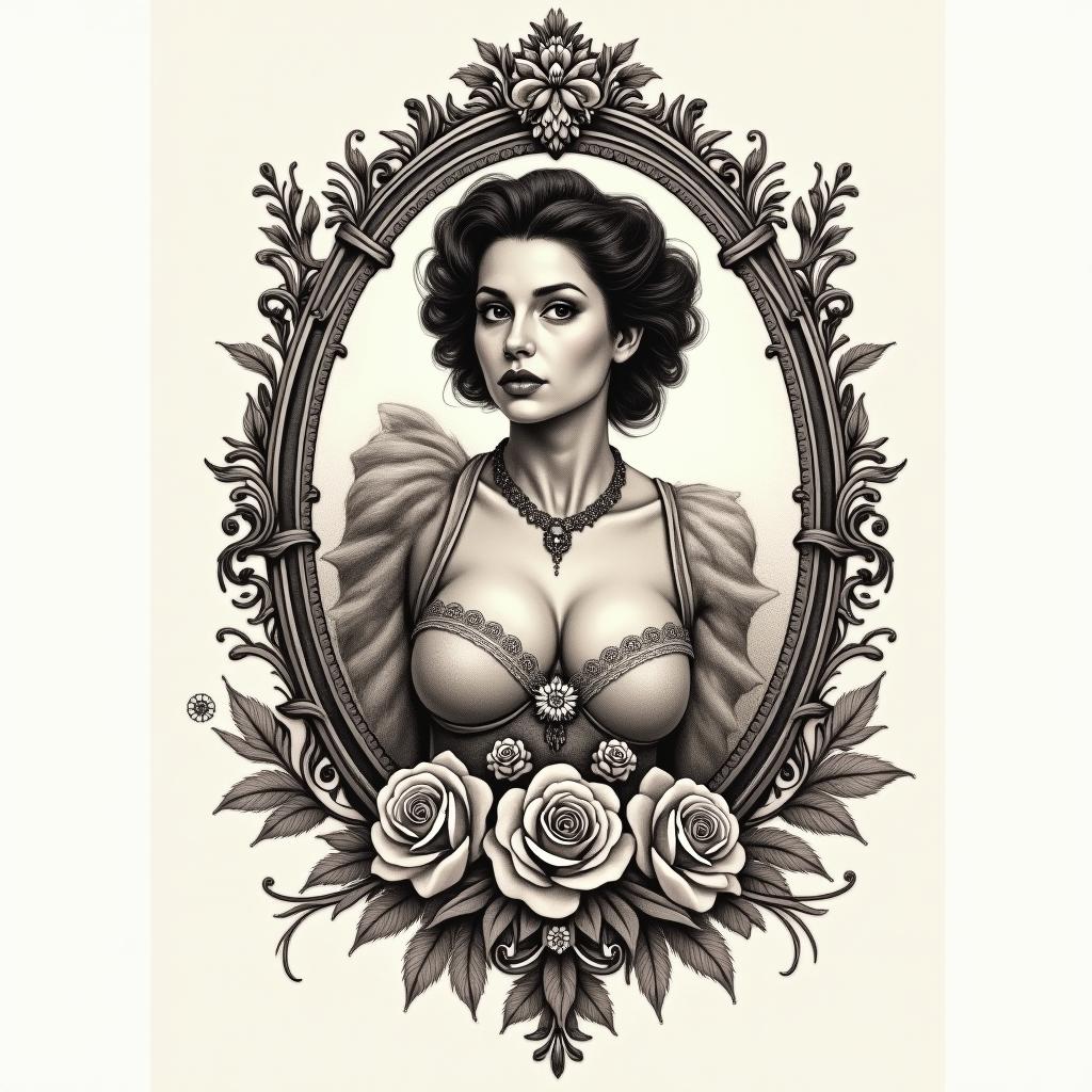 The rebirth of a fighting womanin victorian style tattoo, featuring vintage and elegant elements, ornate frames, roses, antique, sepia-toned color scheme