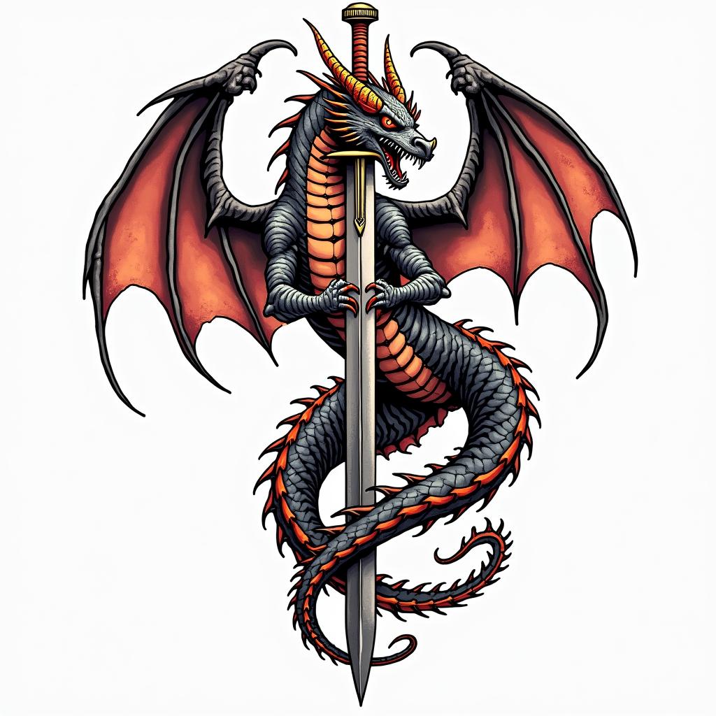 Majestic dragon wrapped around a swordin pop art style tattoo, featuring bold and vibrant colors, exaggerated outlines, iconic imagery, inspired by comic books and speech bubbles, comic book characters, retro pop culture - Variation 2