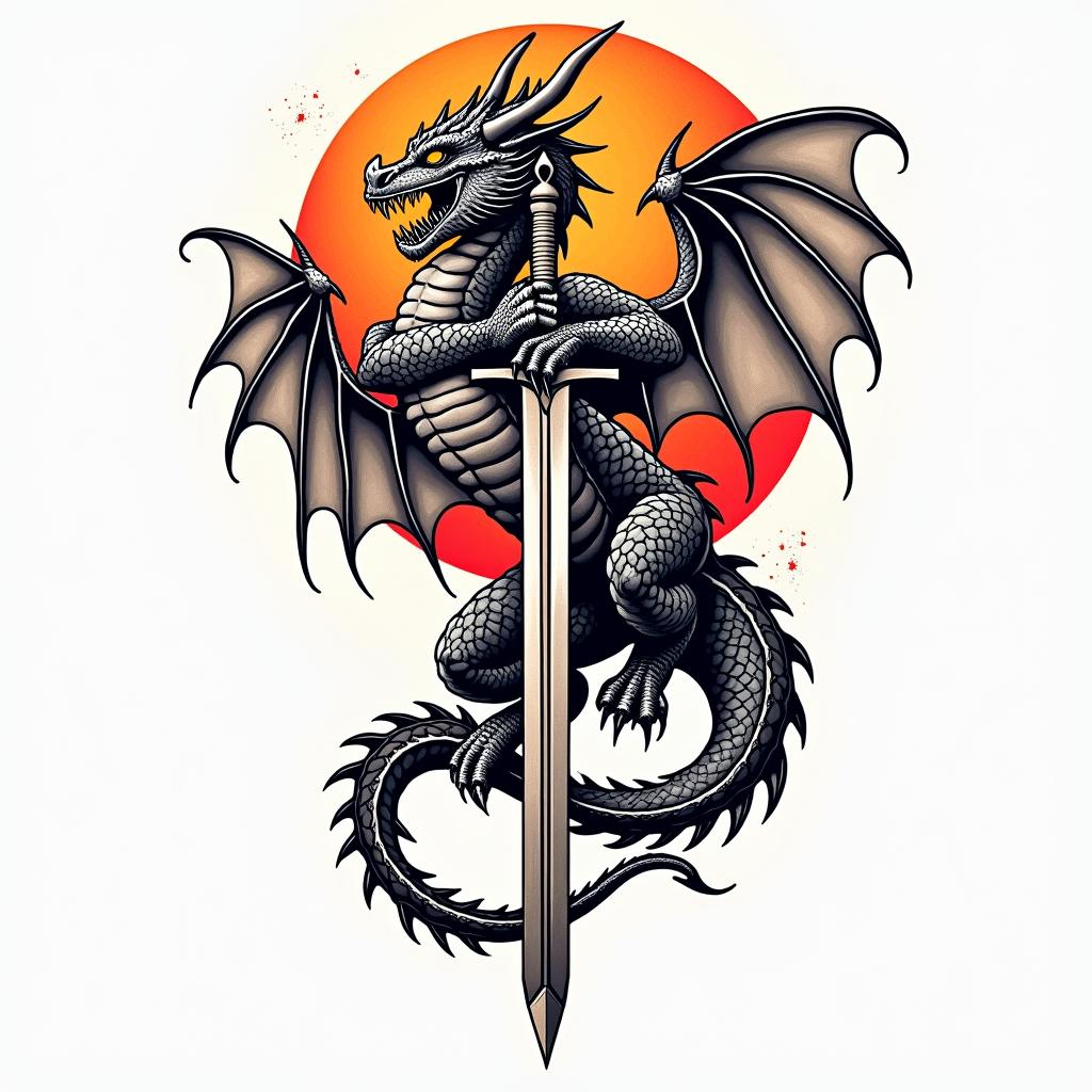 Majestic dragon wrapped around a swordin pop art style tattoo, featuring bold and vibrant colors, exaggerated outlines, iconic imagery, inspired by comic books and speech bubbles, comic book characters, retro pop culture