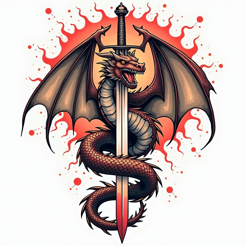 Majestic dragon wrapped around a swordin pop art style tattoo, featuring bold and vibrant colors, exaggerated outlines, iconic imagery, inspired by comic books and speech bubbles, comic book characters, retro pop culture - Variation 3
