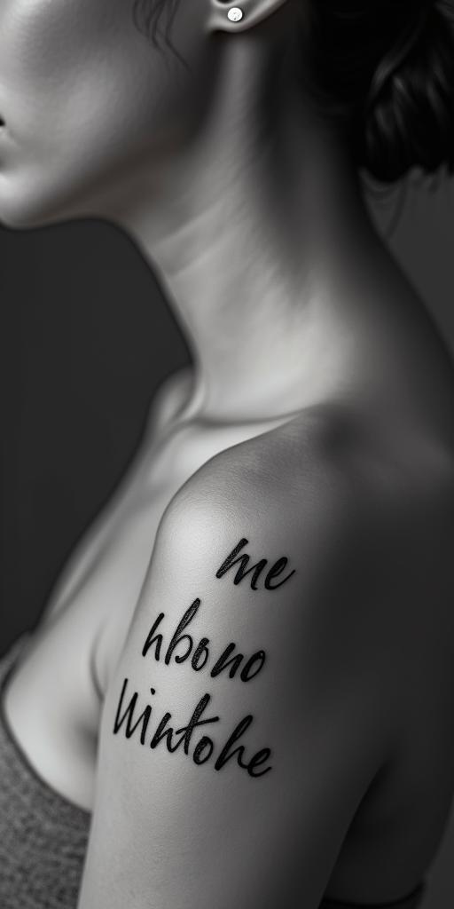 Momminimalist text-based tattoo, Monospace font ultra-realistic, perfectly placed, high-quality font design, photo-realistic shading, 8k, high quality, finely detailed typograph - Variation 4