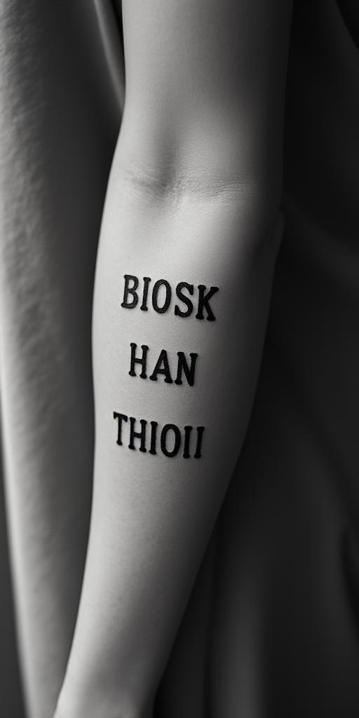 Momminimalist text-based tattoo, Monospace font ultra-realistic, perfectly placed, high-quality font design, photo-realistic shading, 8k, high quality, finely detailed typograph - Variation 3